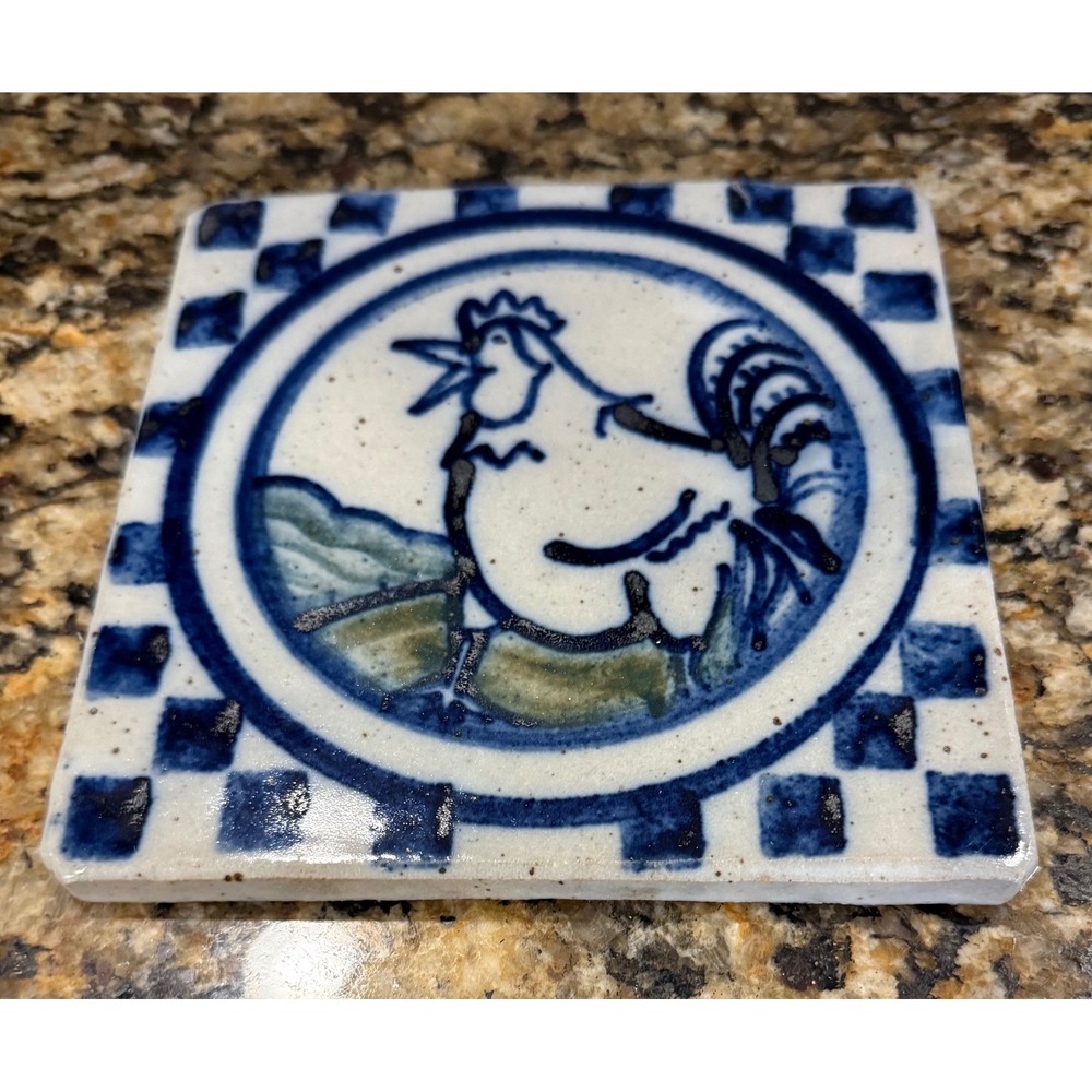 Debbie Dean? Ceramic Art Tile Blue White Rooster Farmhouse Rustic Country Decor